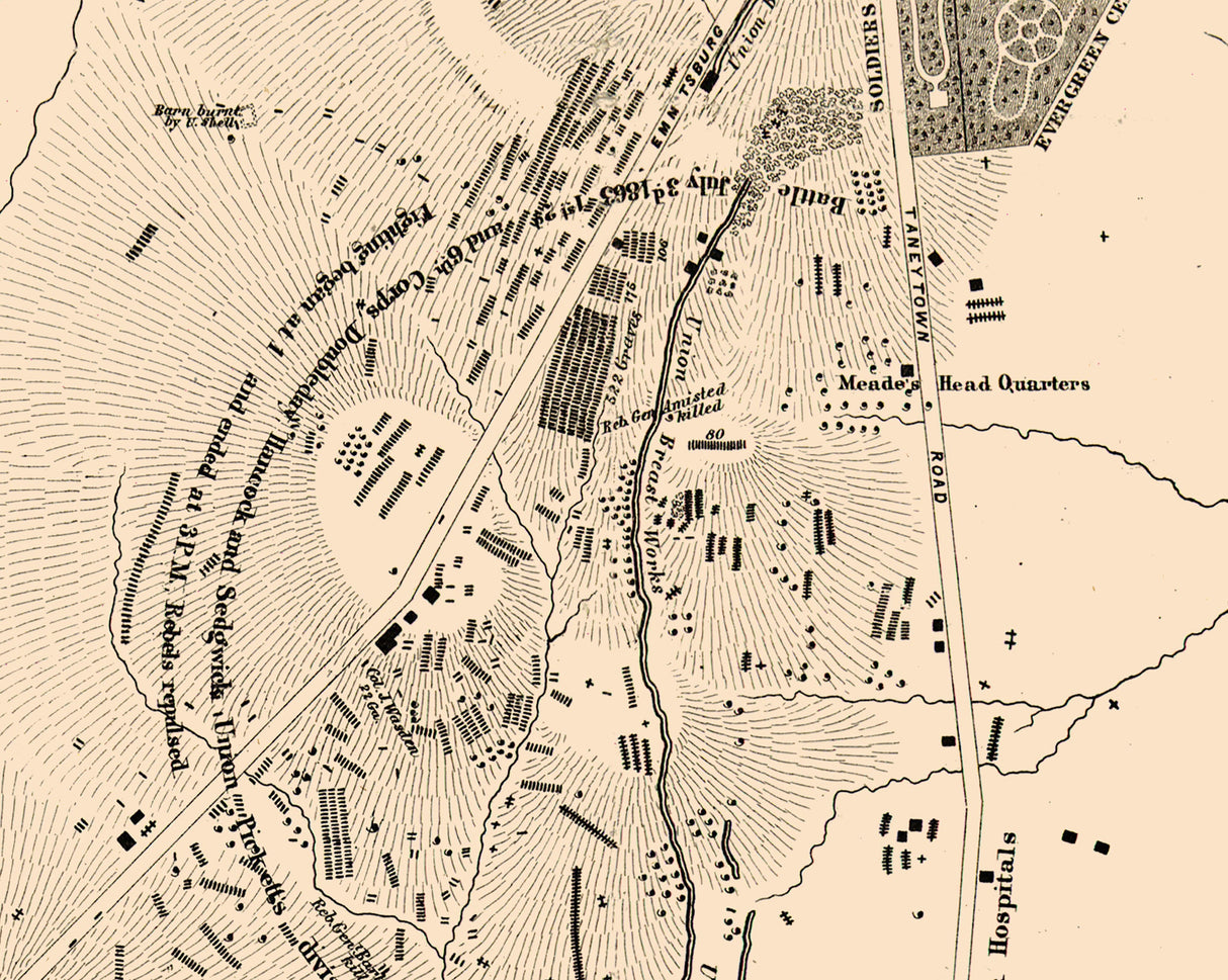 1864 Map of the Gettysburg Pennsylvania Battlefield