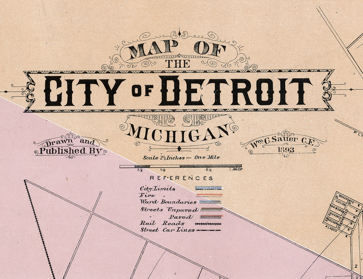 1893 Map of Detroit Wayne County Michigan