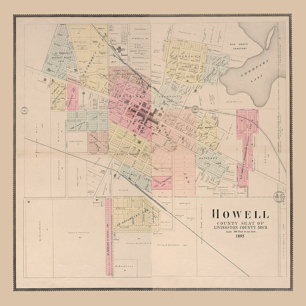 1895 Map of Howell Livingston County Michigan