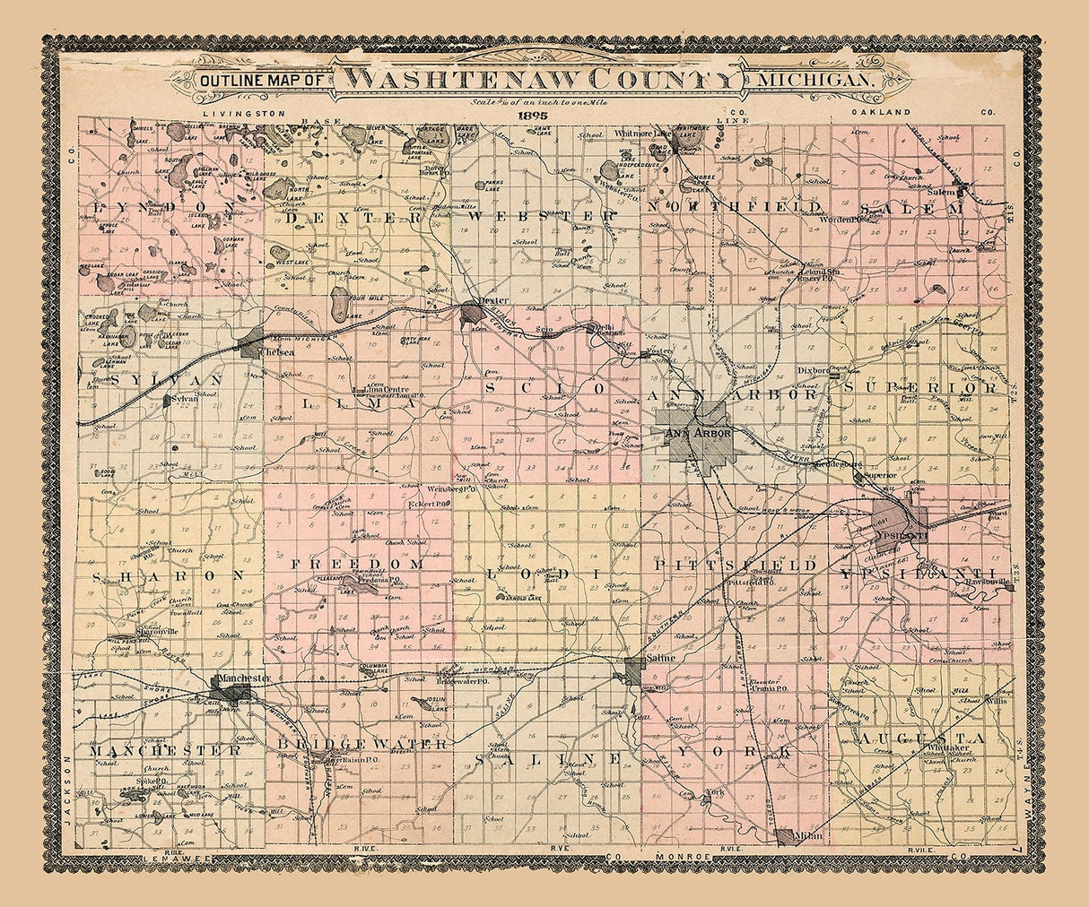 1895 Map of Washtenaw County Michigan