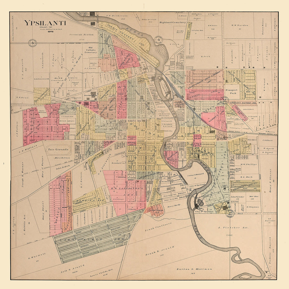 1895 Map of Ypsilanti Washtenaw County Michigan