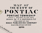 1896 Map of Pontiac Oakland County Michigan