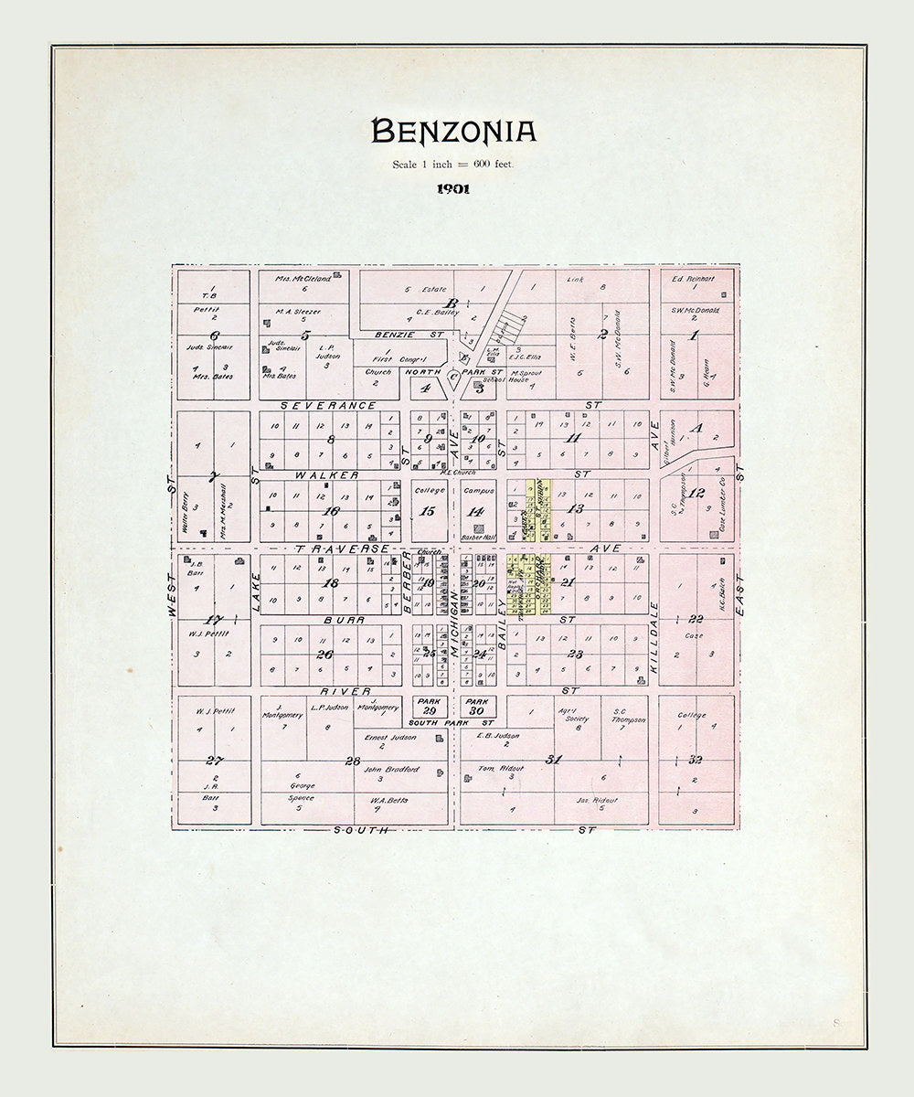 1901 Map of Benzonia Benzie County Michigan