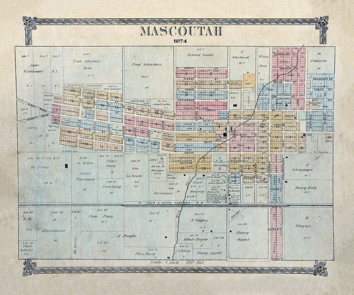 1874 Map of Mascoutah St Clair County Illinois