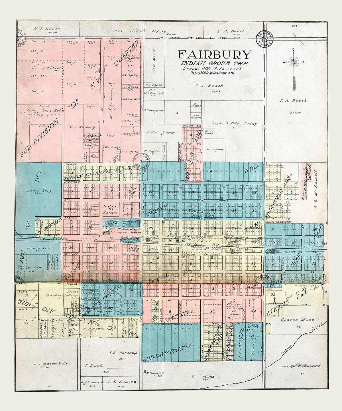 1911 Map of Fairbury Livingston County Illinois