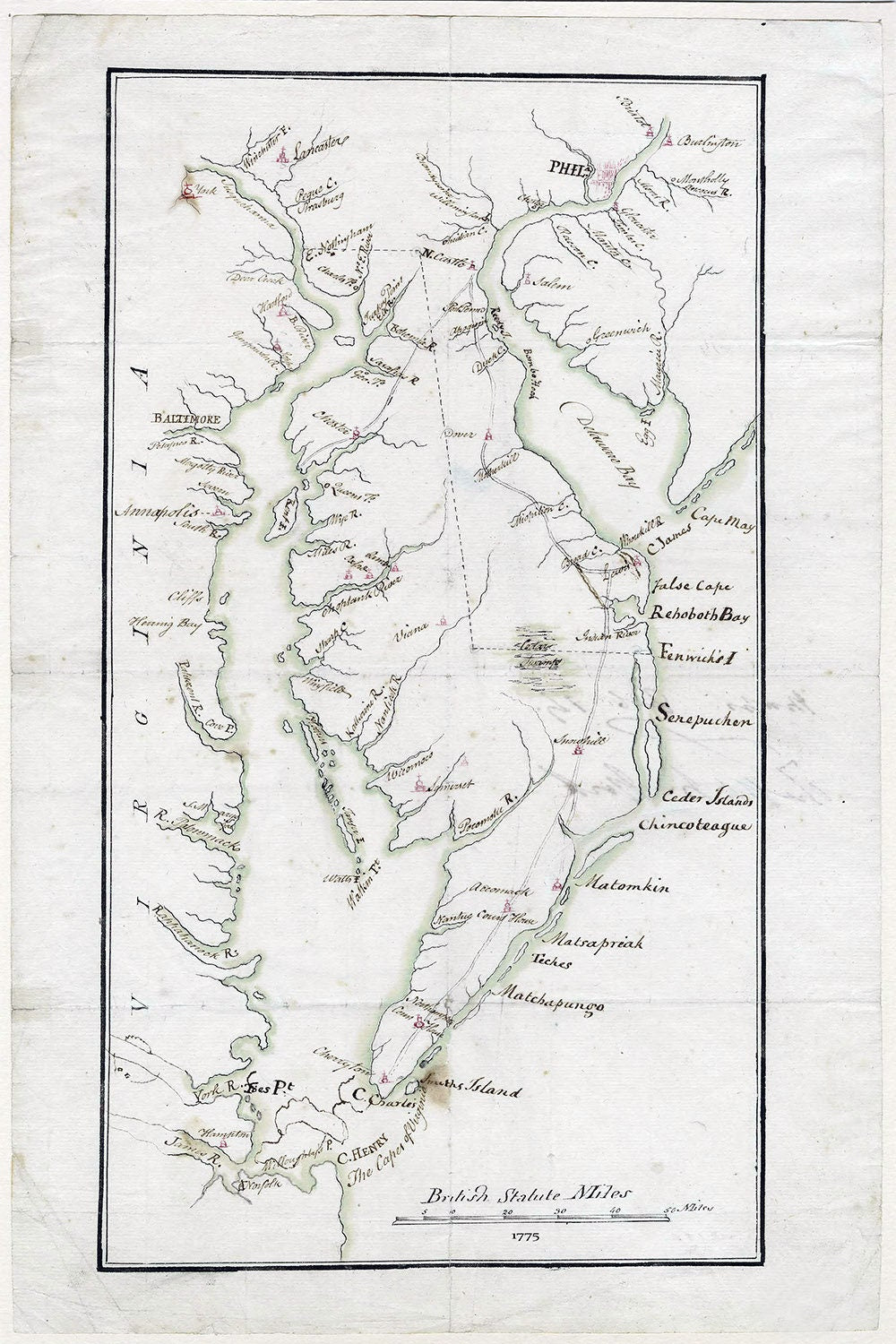 1775 Map of the Delaware Bay and Chesapeake Bay