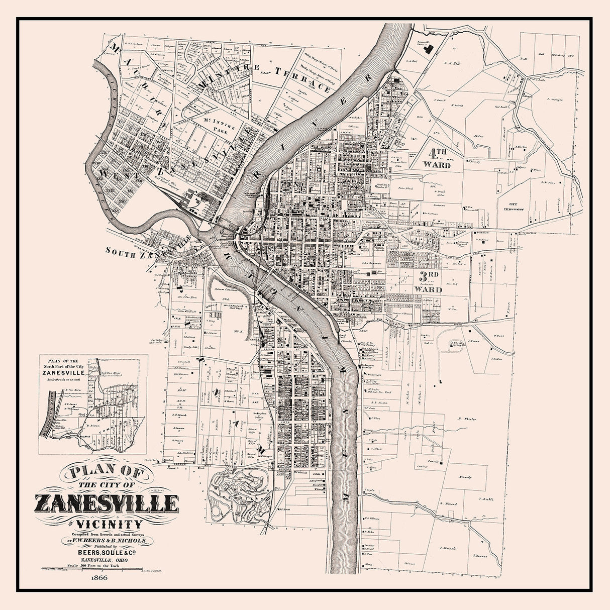 1866 Map of Zanesville Muskingum County Ohio