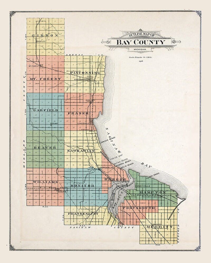1916 Map of Bay County Michigan