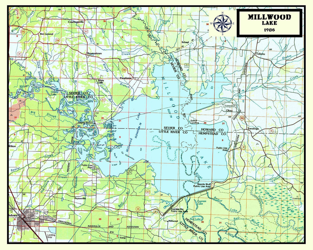 1986 Map of Millwood Lake Arkansas Ben Lomond Paraloma Brownstown