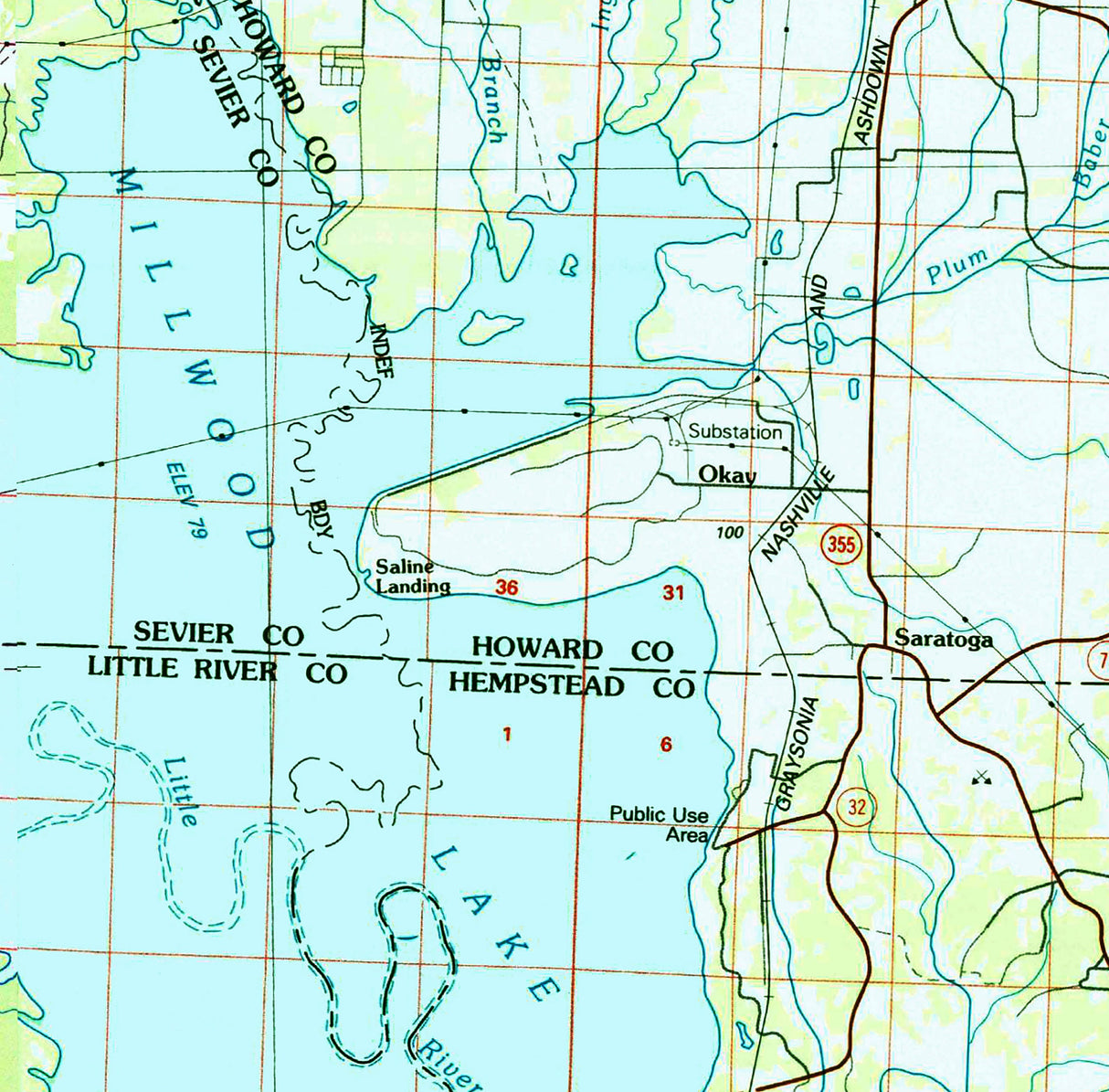 1986 Map of Millwood Lake Arkansas Ben Lomond Paraloma Brownstown