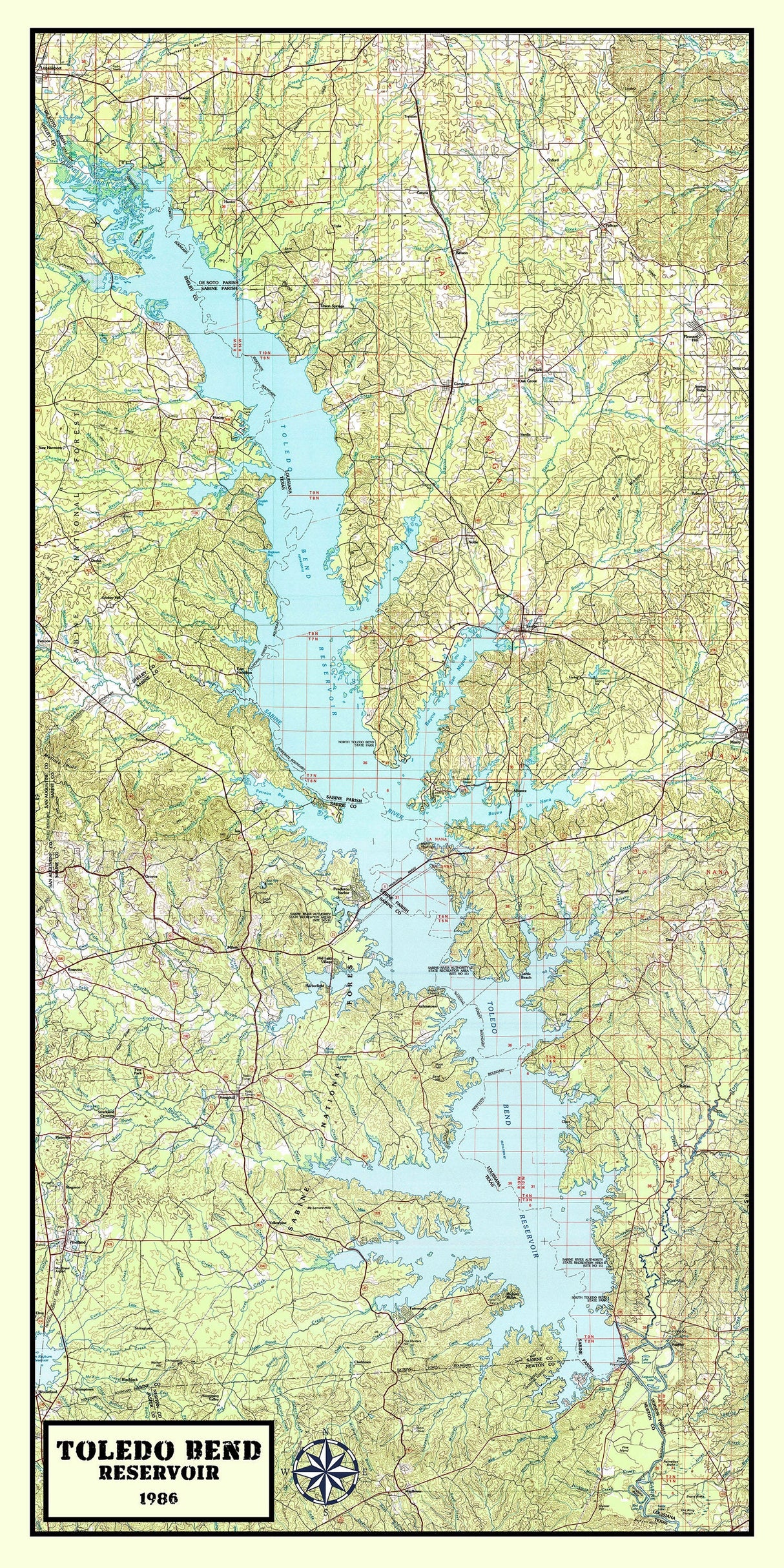 1986 Map of Toledo Bend Reservoir Texas and Louisiana