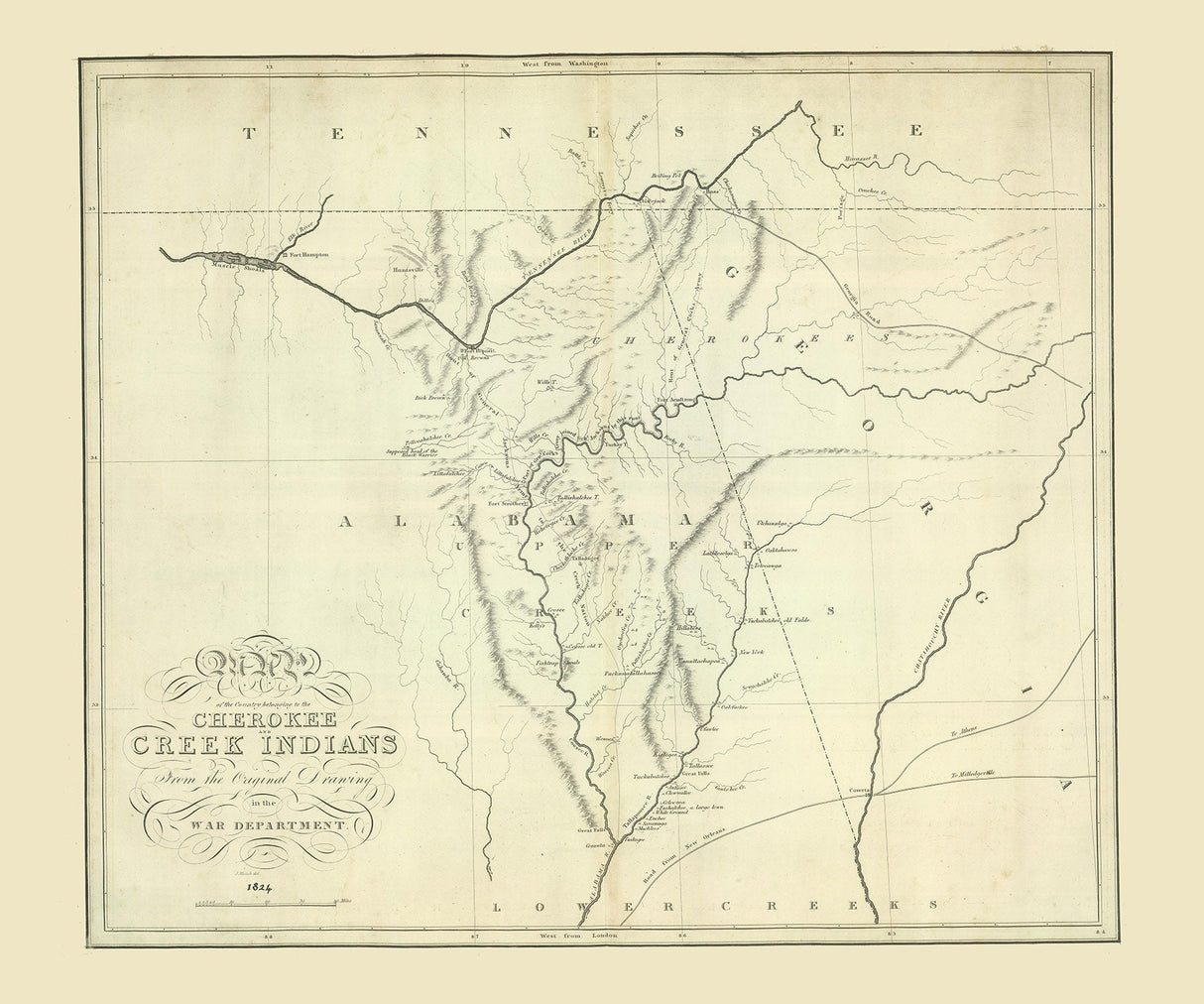 1824 Map of Cherokee and Creek Indians In Georgia and Alabama