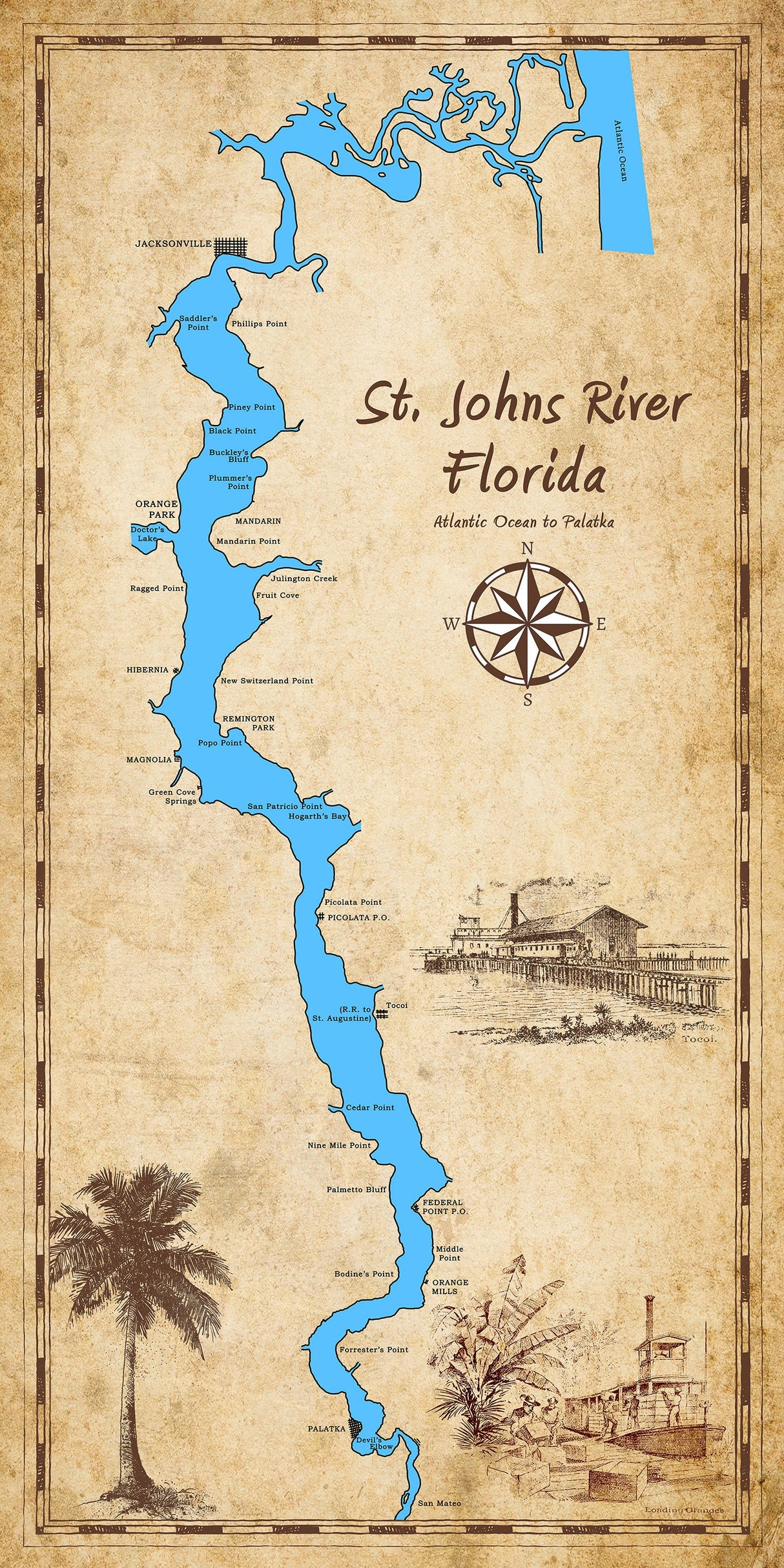 Map of the Saint Johns River to Palatka Florida