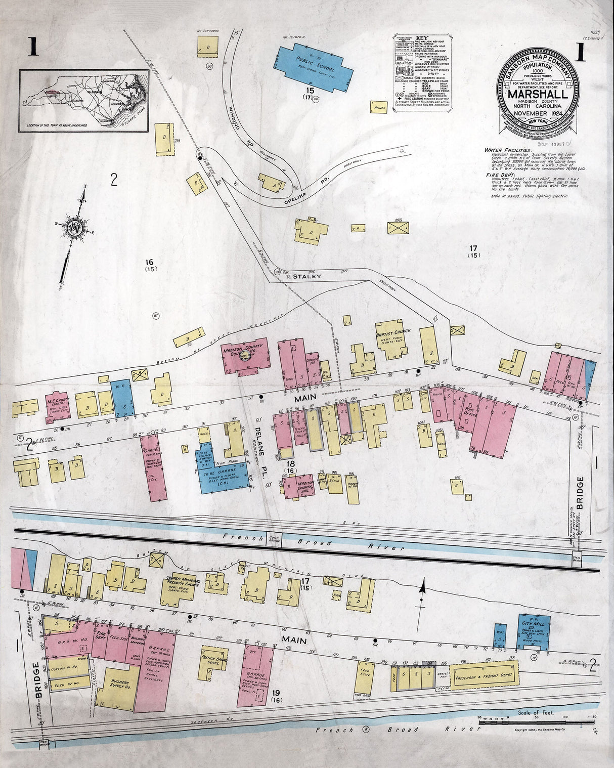 1924 Town Map of Marshall Madison County North Carolina