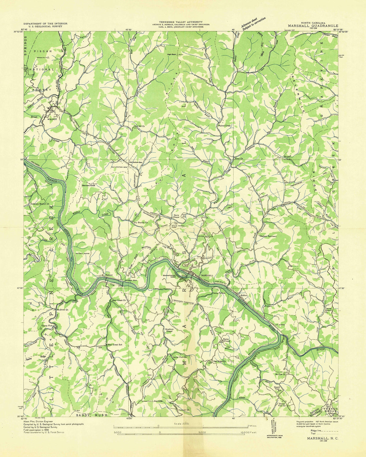 1936 Topo Map of Marshall North Carolina