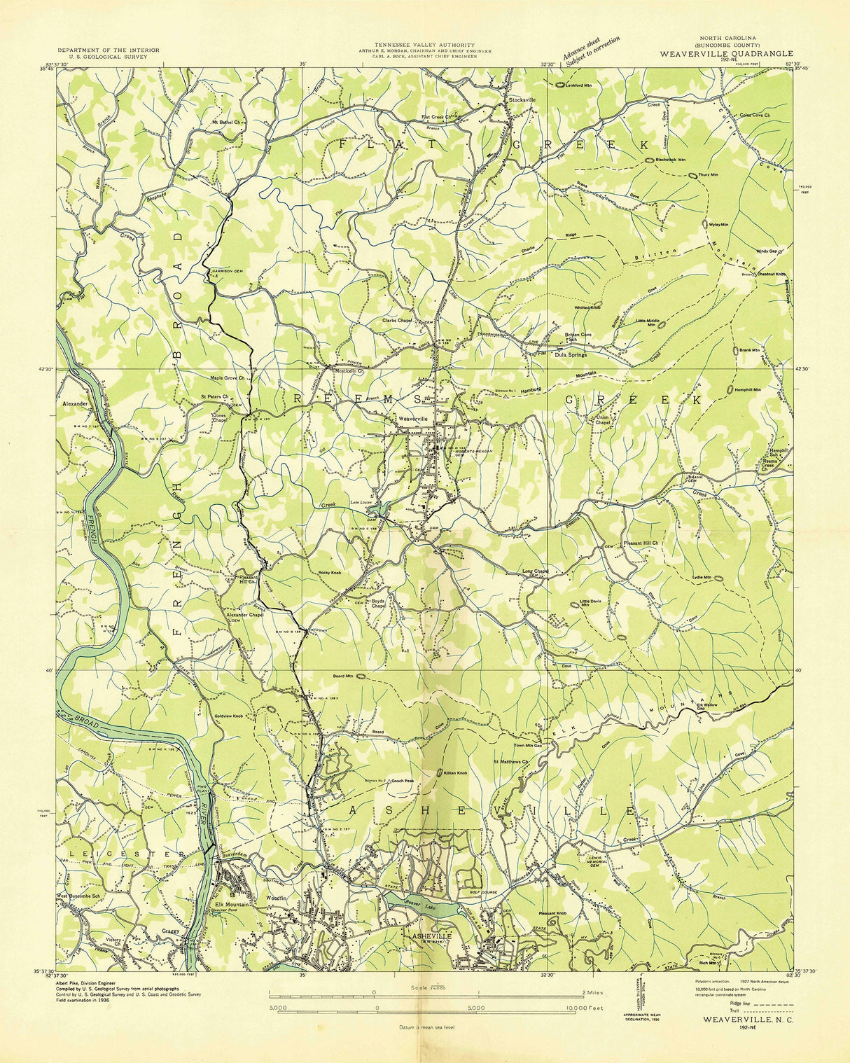 1936 Topo Map of Weaverville North Carolina