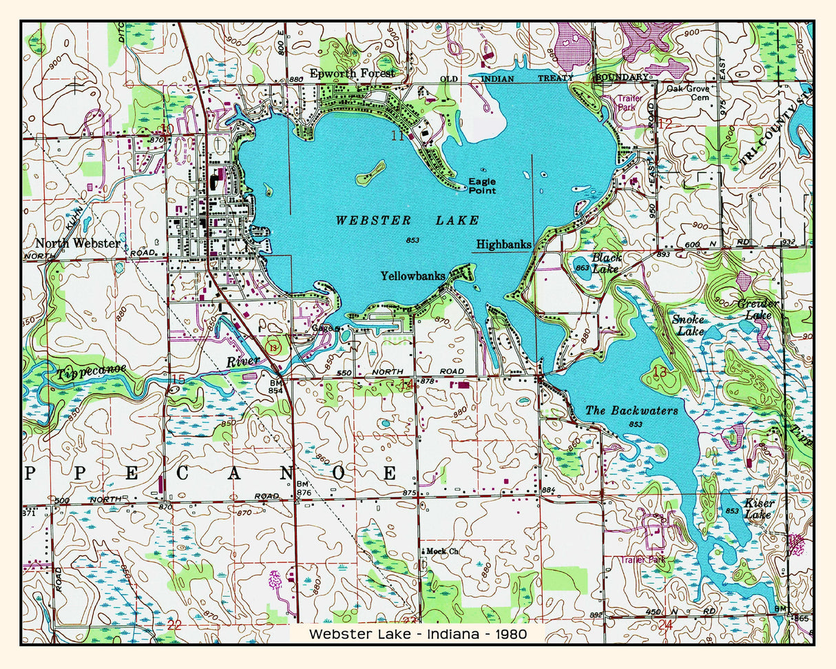 1980 Map of Webster Lake Indiana