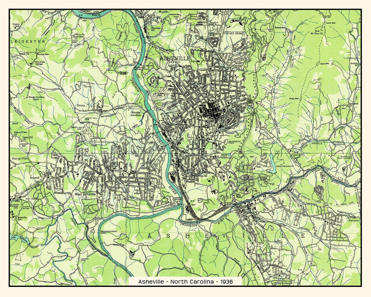 1936 Map of Asheville North Carolina French Broad River