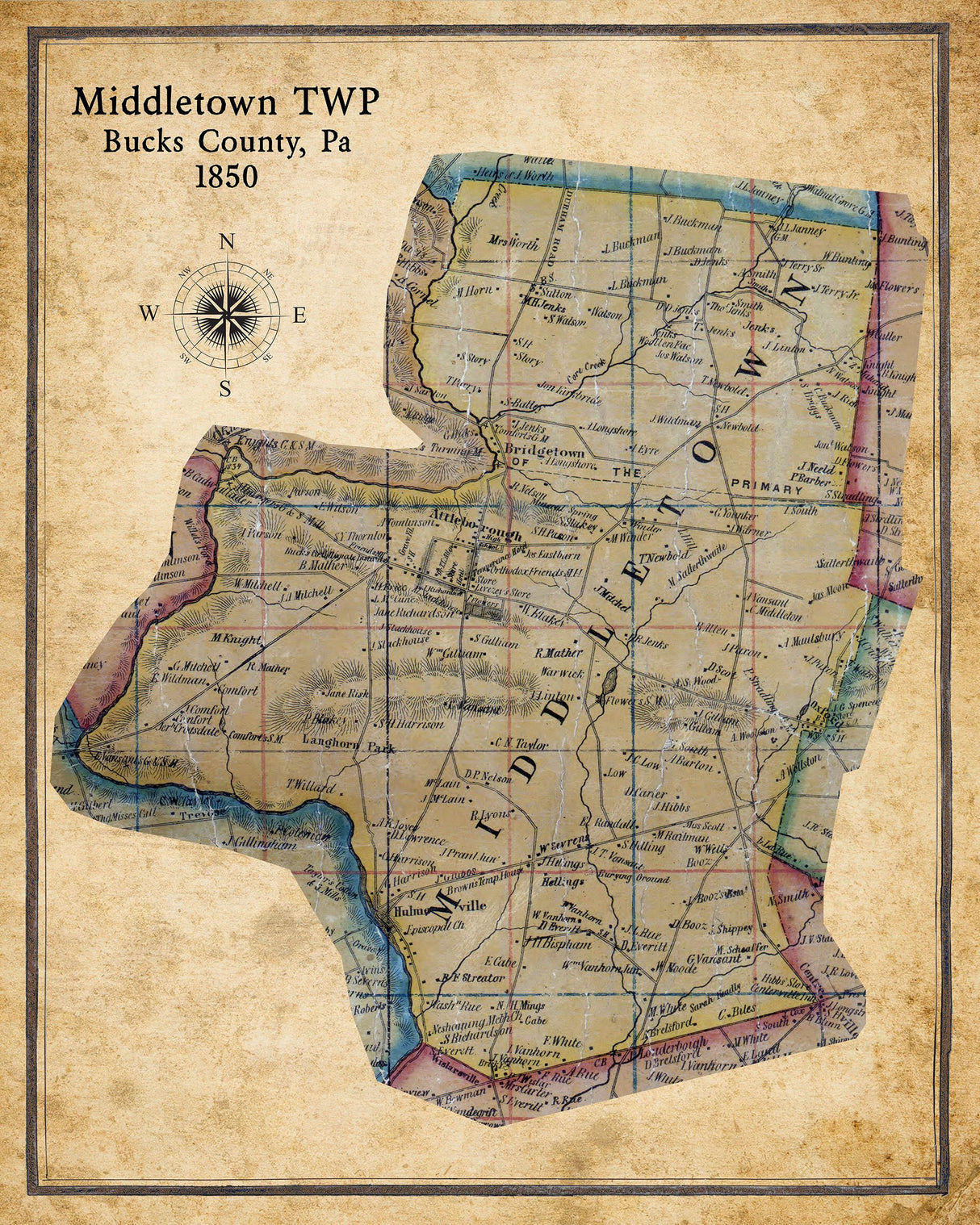 1850 Map of Middletown Township Bucks County Pennsylvania