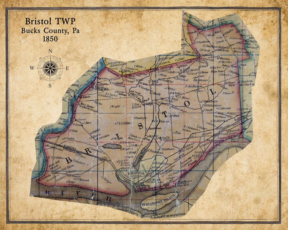 1850 Map of Bristol Township Bucks County Pennsylvania