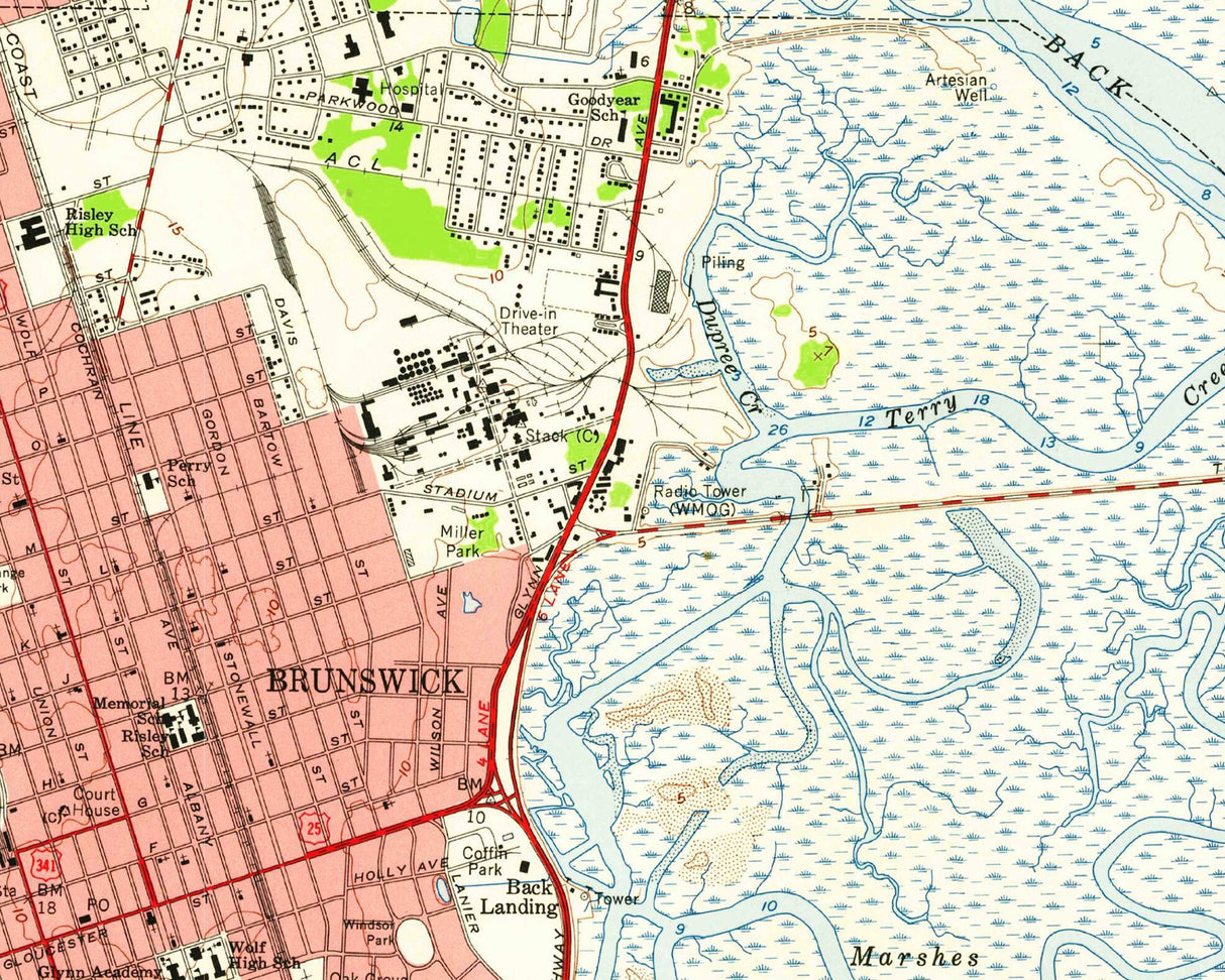 1956 Topo Map of Brunswick Georgia and Glynco Naval Air Station