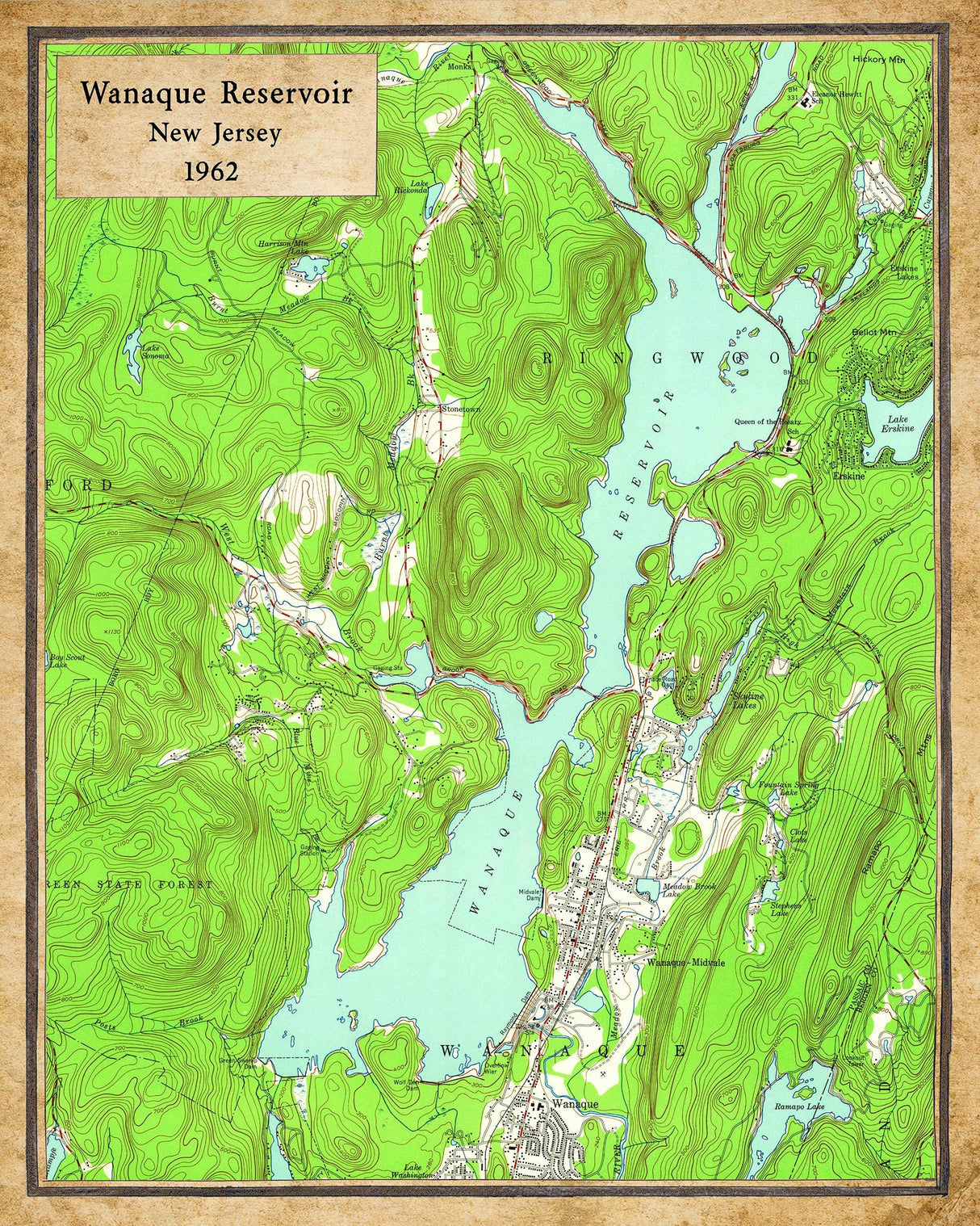 1962 Map of Wanaque Reservoir New Jersey