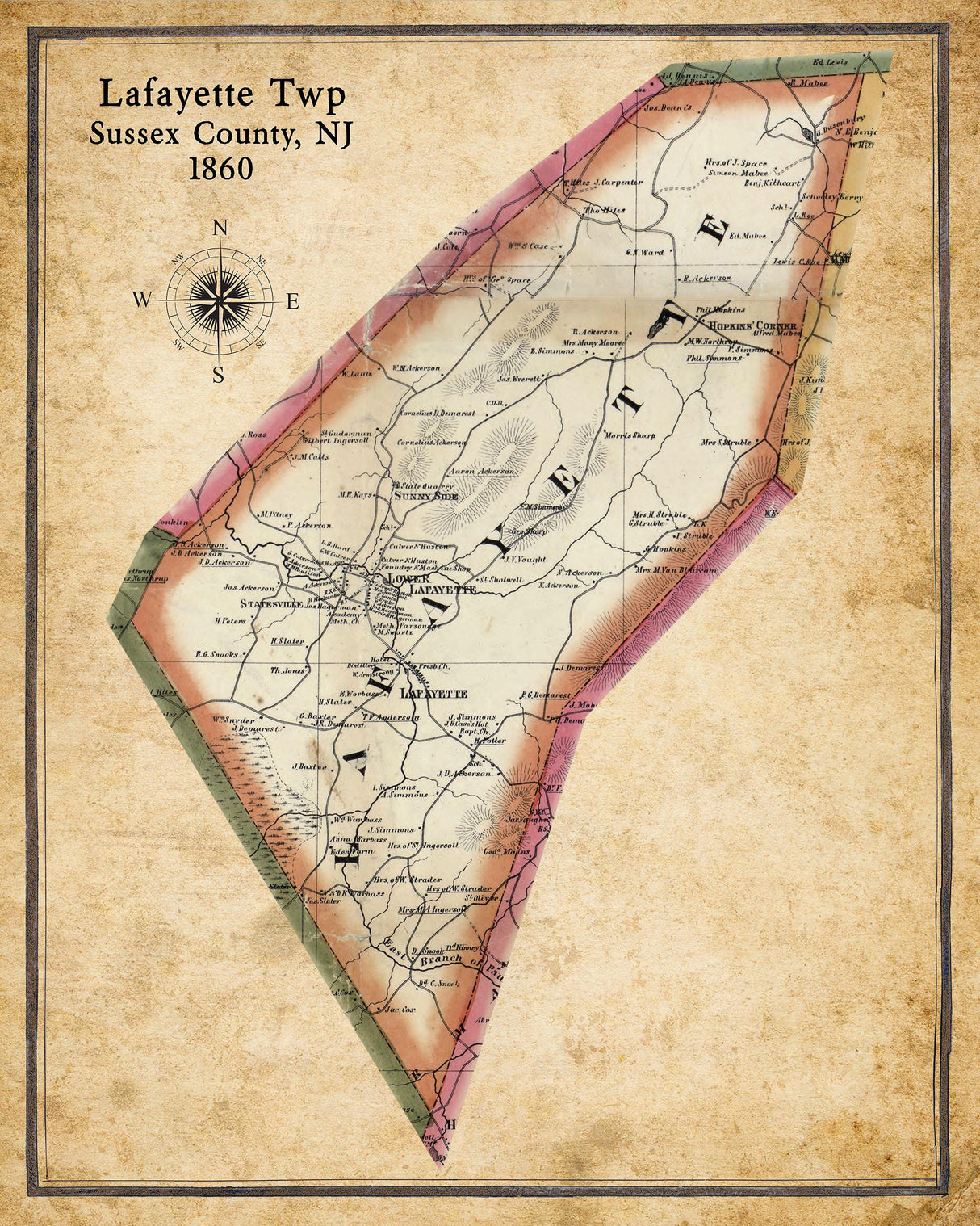 1860 Map of Lafayette Township Sussex County New Jersey