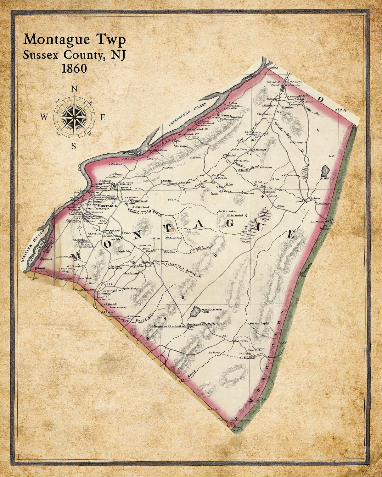 1860 Map of Montague Township Sussex County New Jersey