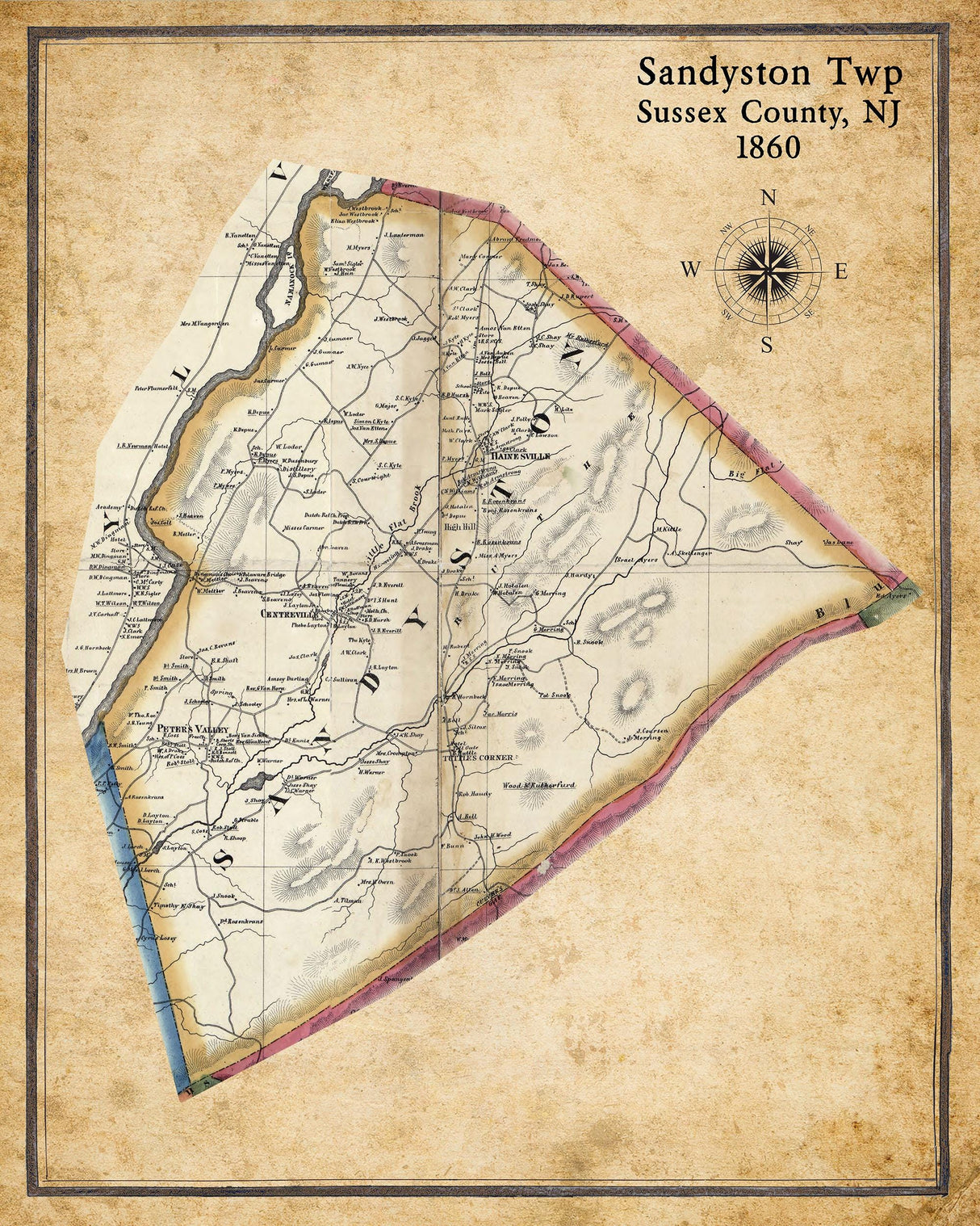 1860 Map of Sandyston Township Sussex County New Jersey