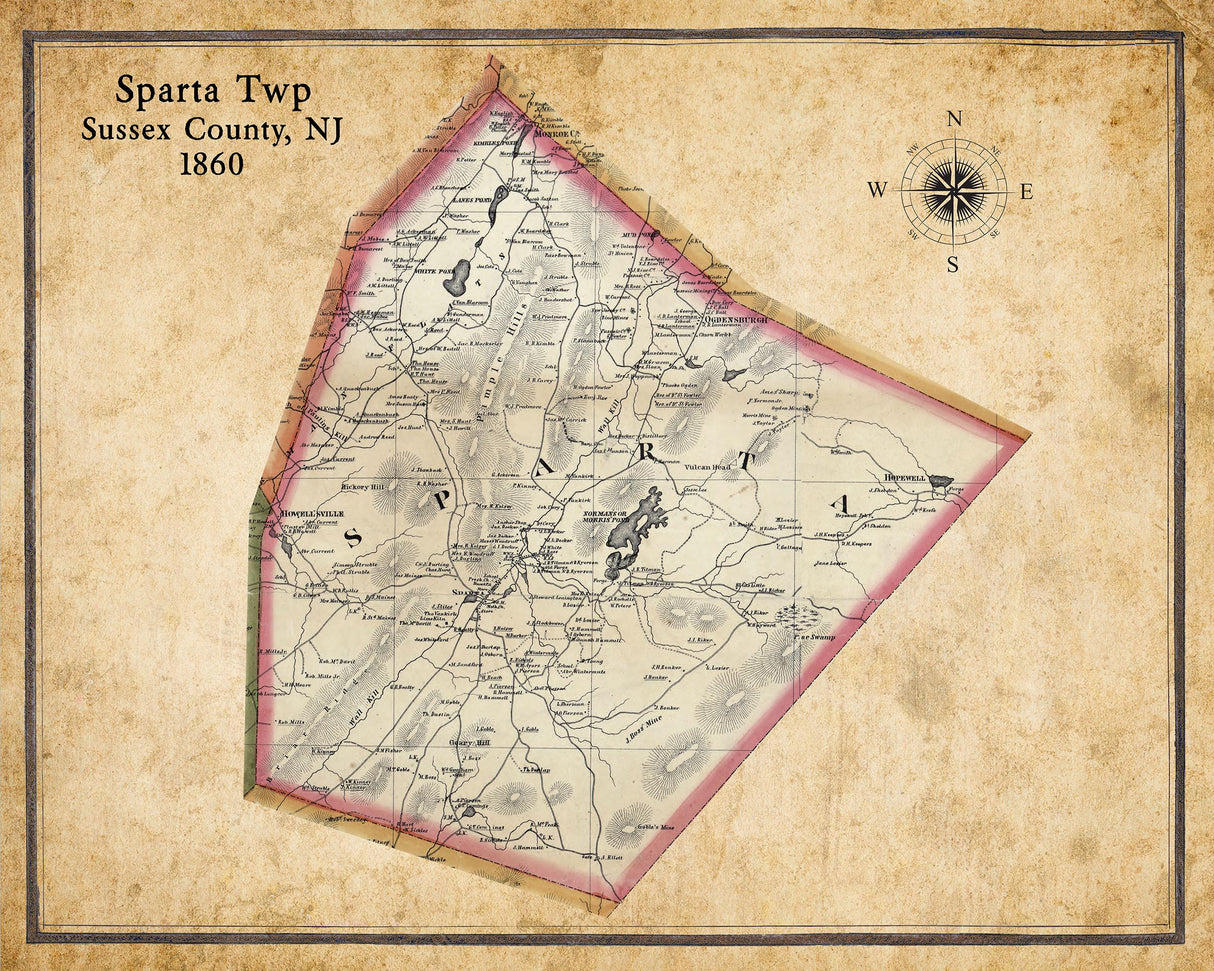 1860 Map of Sparta Township Sussex County New Jersey