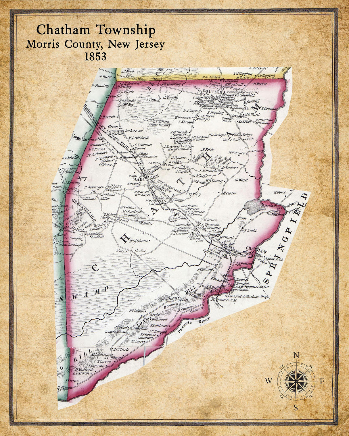 1853 Map of Chatham Township Morris County New Jersey