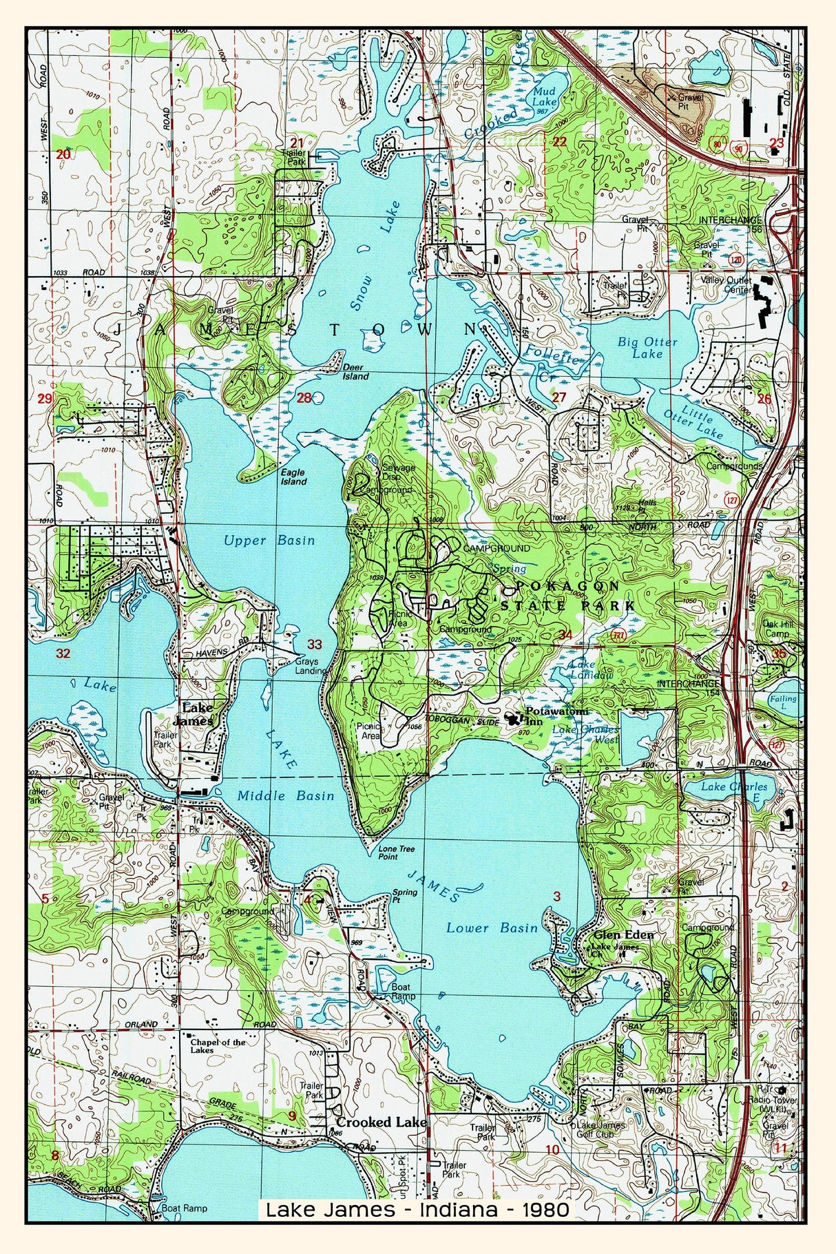 1980 Map of Lake James Indiana