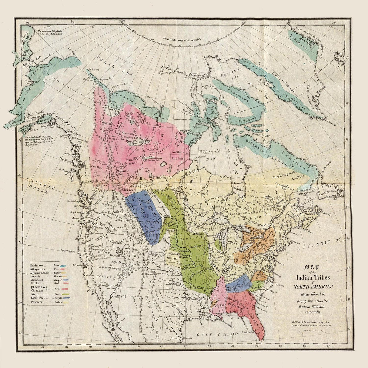 1836 Map of Indian Tribes of North America by Albert Gallatin