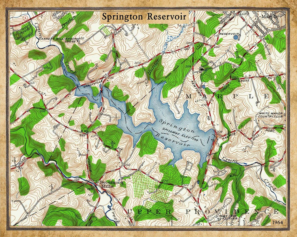 1964 Map of Springton Reservoir Delaware County Pennsylvania