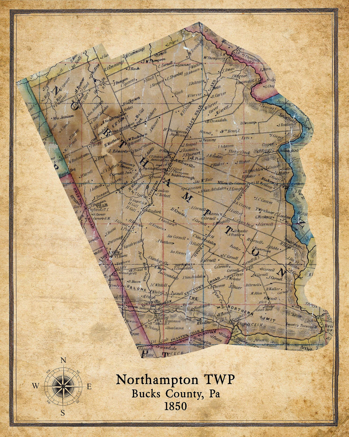 1850 Map of Northampton Township Bucks County Pennsylvania