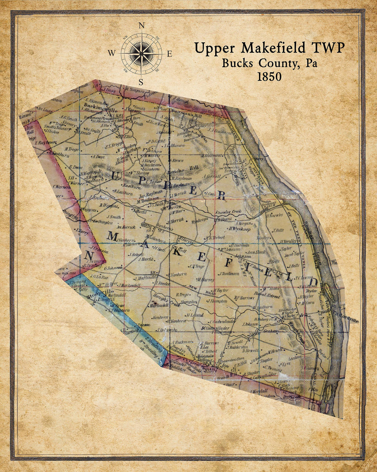 1850 Map of Upper Makefield Township Bucks County Pennsylvania