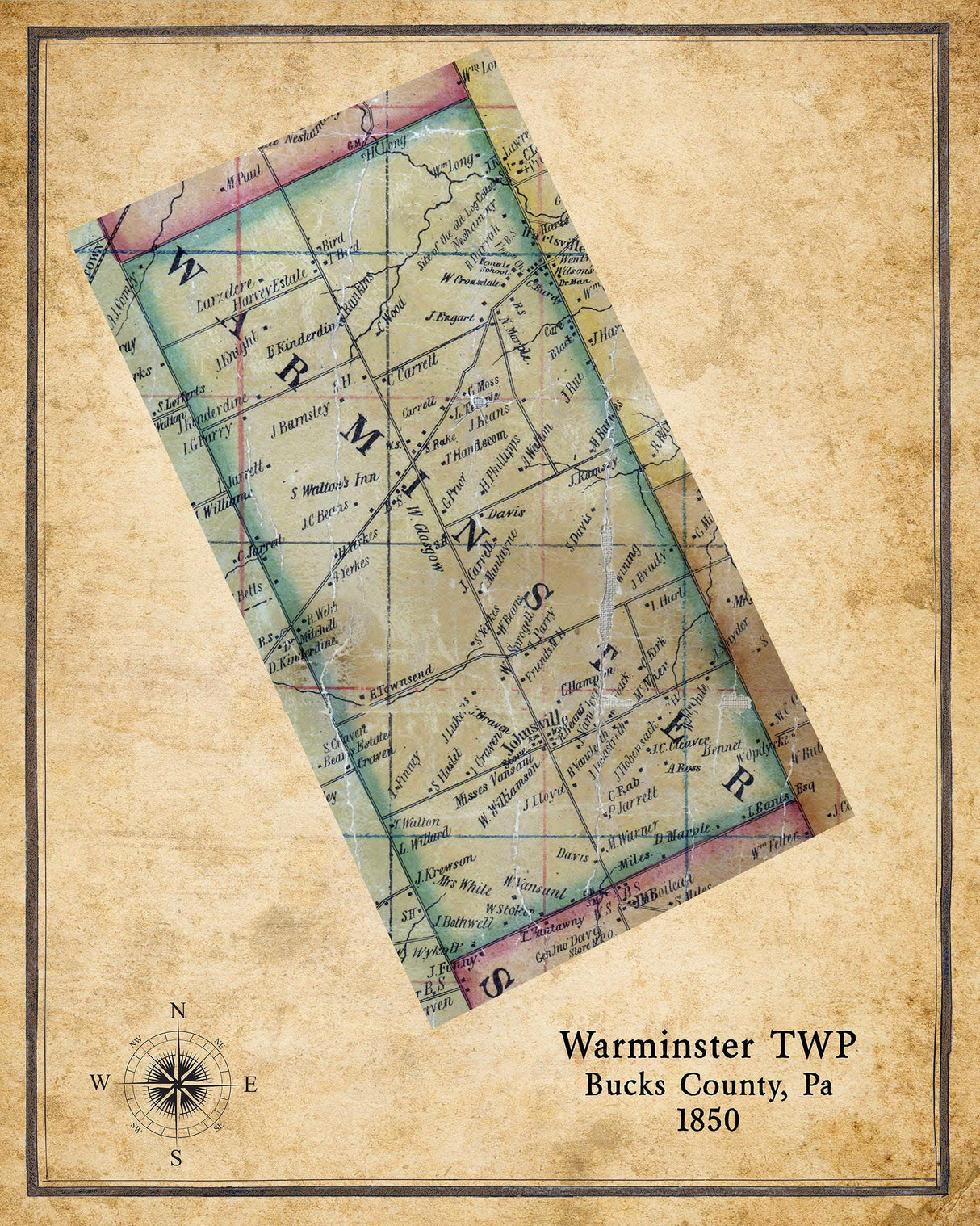 1850 Map of Warminster Township Bucks County Pennsylvania