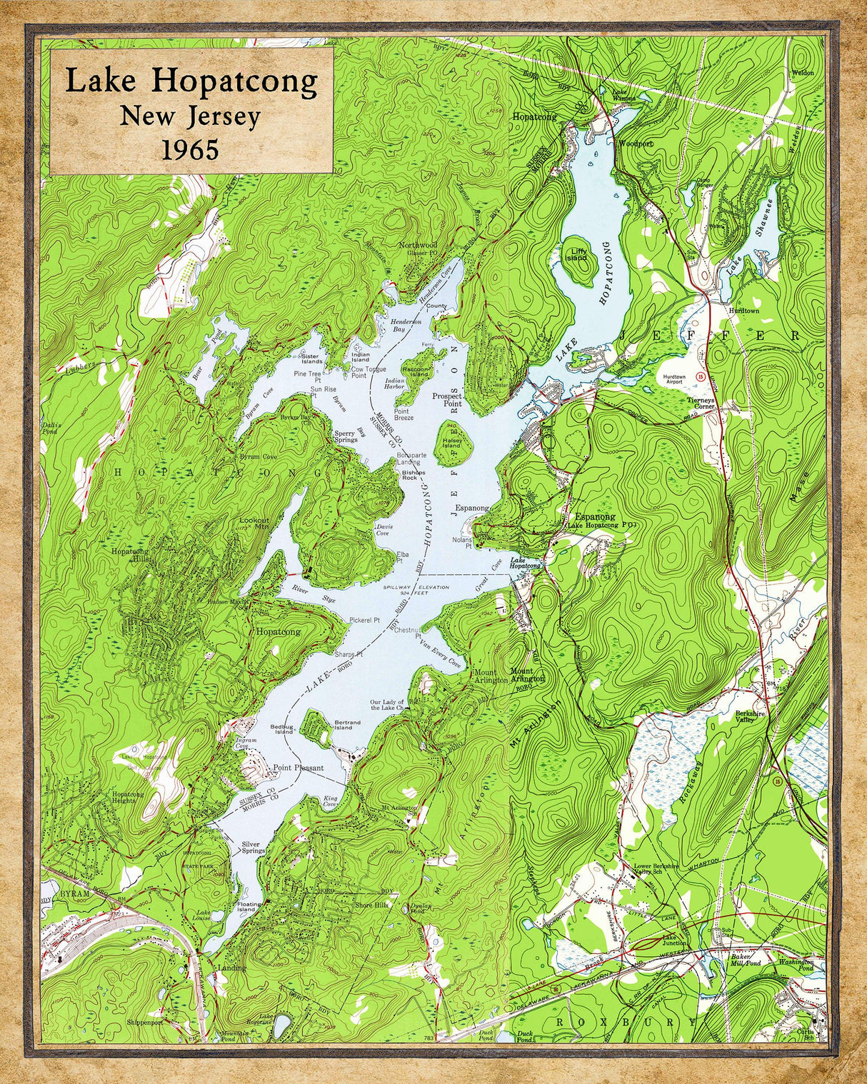 1965 Map of Lake Hopatcong New Jersey