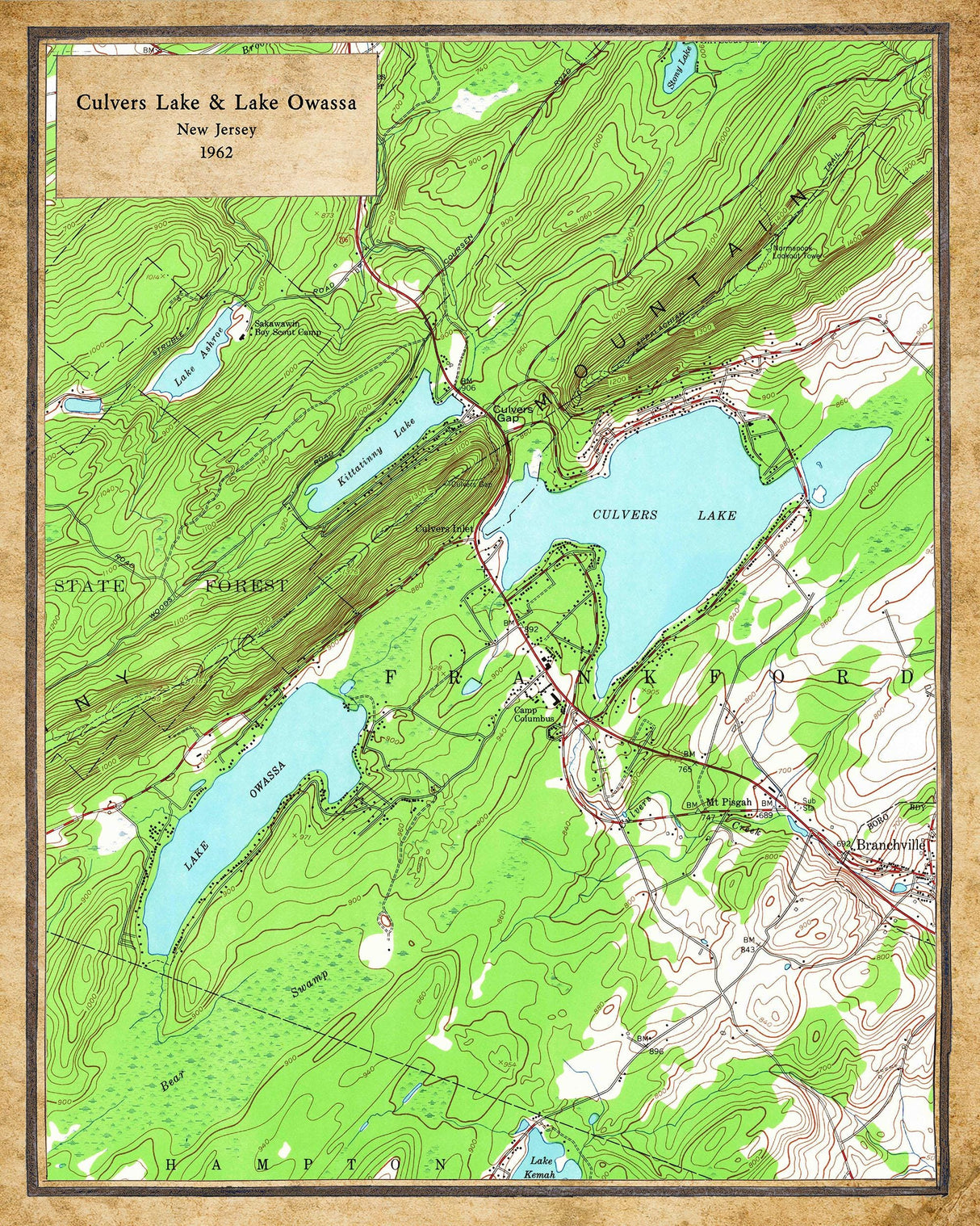 1968 Map of Culvers Lake and Lake Owassa New Jersey