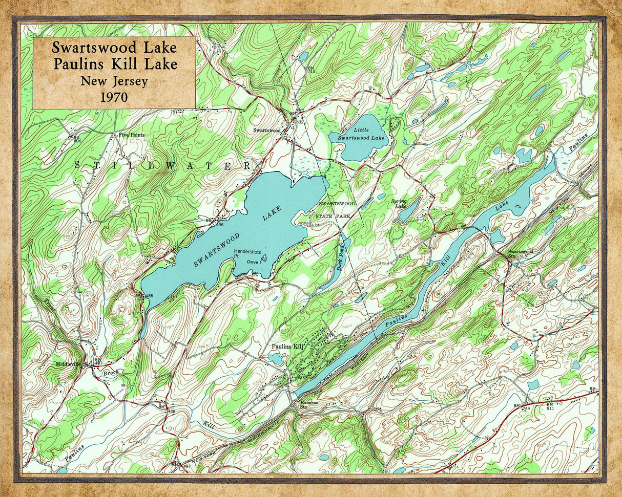 1968 Map of Swartswood Lake and Paulins Kill Lake New Jersey