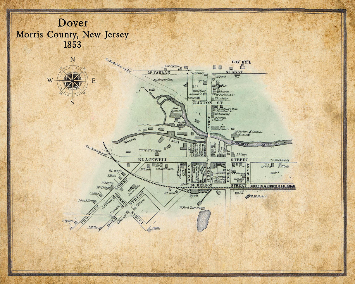 1853 Town Map of Dover Morris County New Jersey