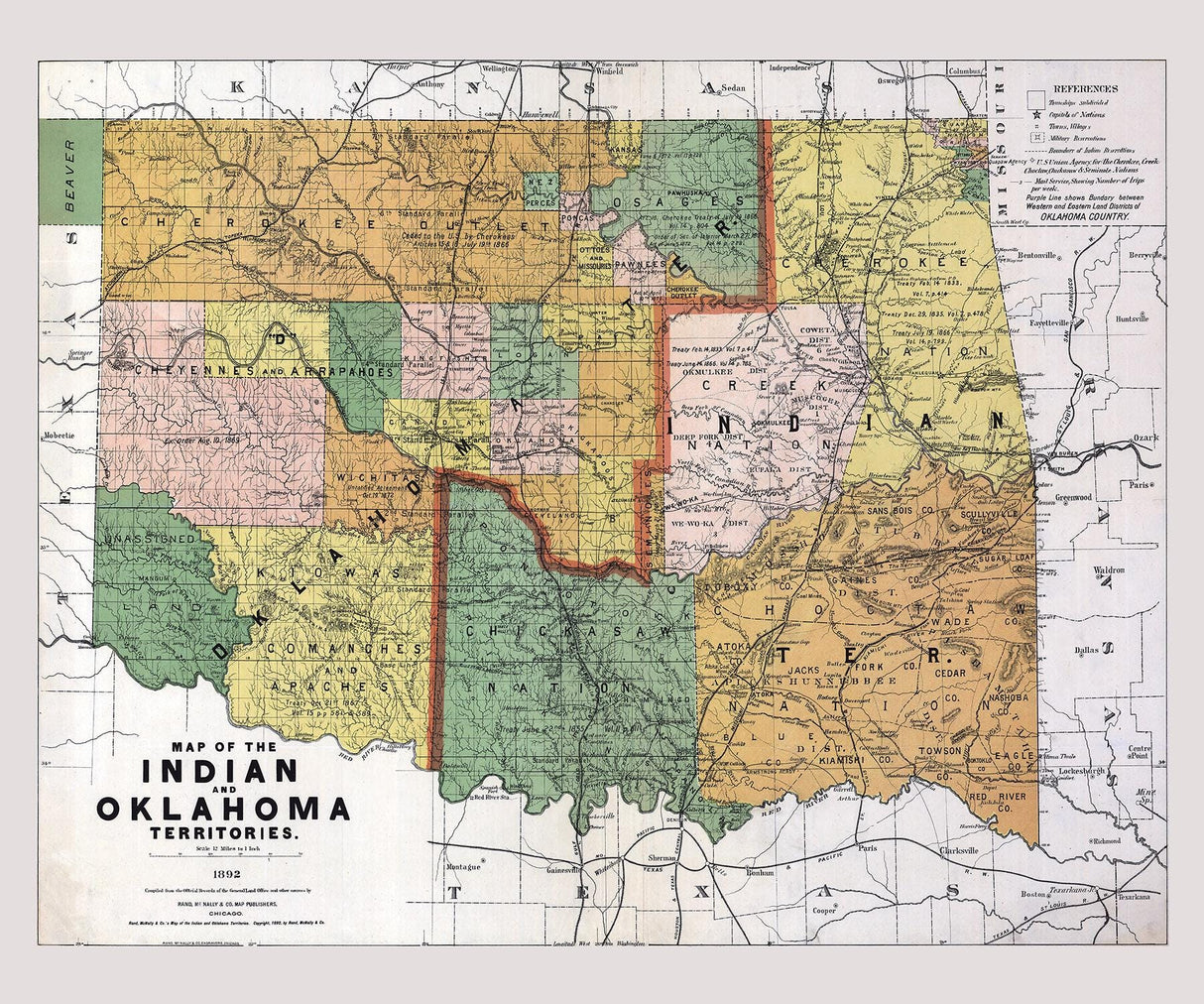 1892 Map of the Indian and Oklahoma Territories
