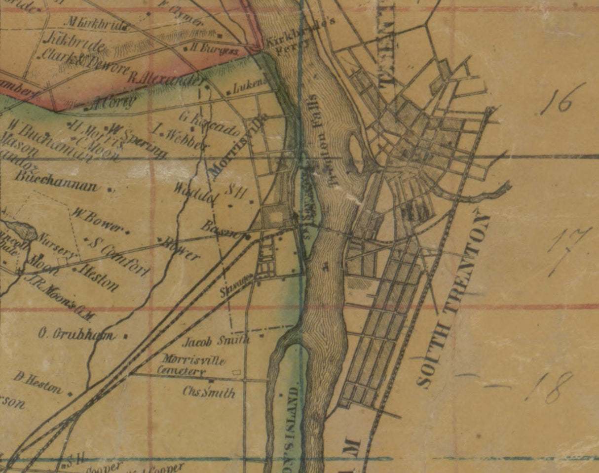 1850 Farm Line Map of Bucks County Pa from surveys colored