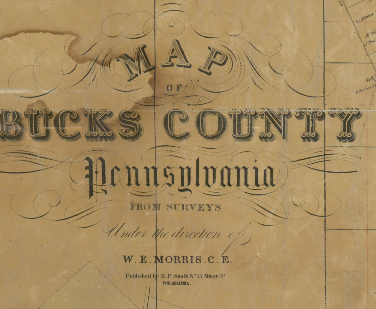 1850 Farm Line Map of Bucks County Pa from surveys colored