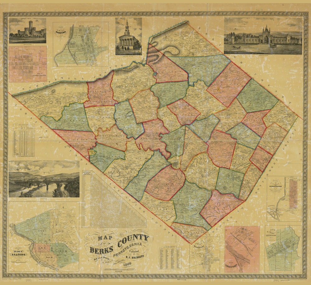 1860 Map of Berks County Pa Reading LARGE 35 x 40 Map