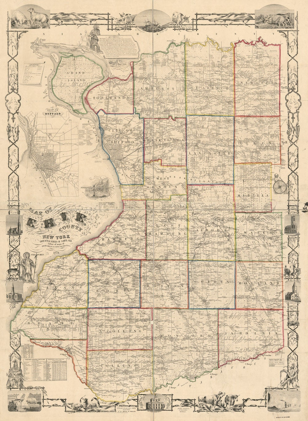 1854 Farm Line Map of Erie County NY from actual surveys Buffalo