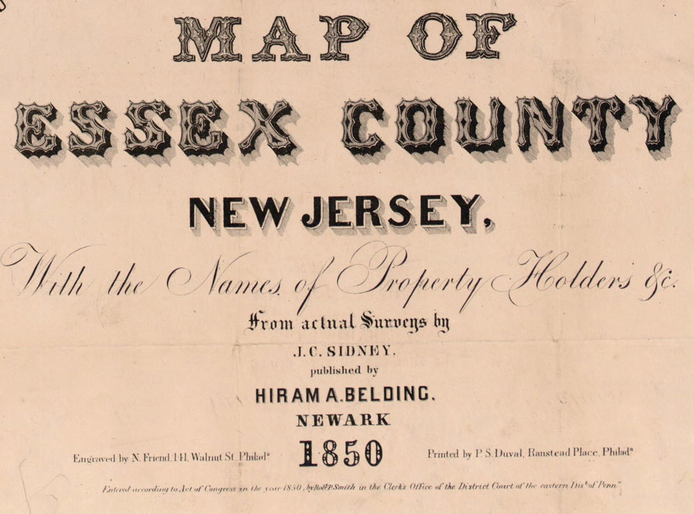 1850 Map of Essex County New Jersey LARGE 40 x 54