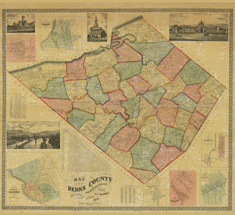 1860 Map of Berks County Pa Reading Lebanon Valley Railroad