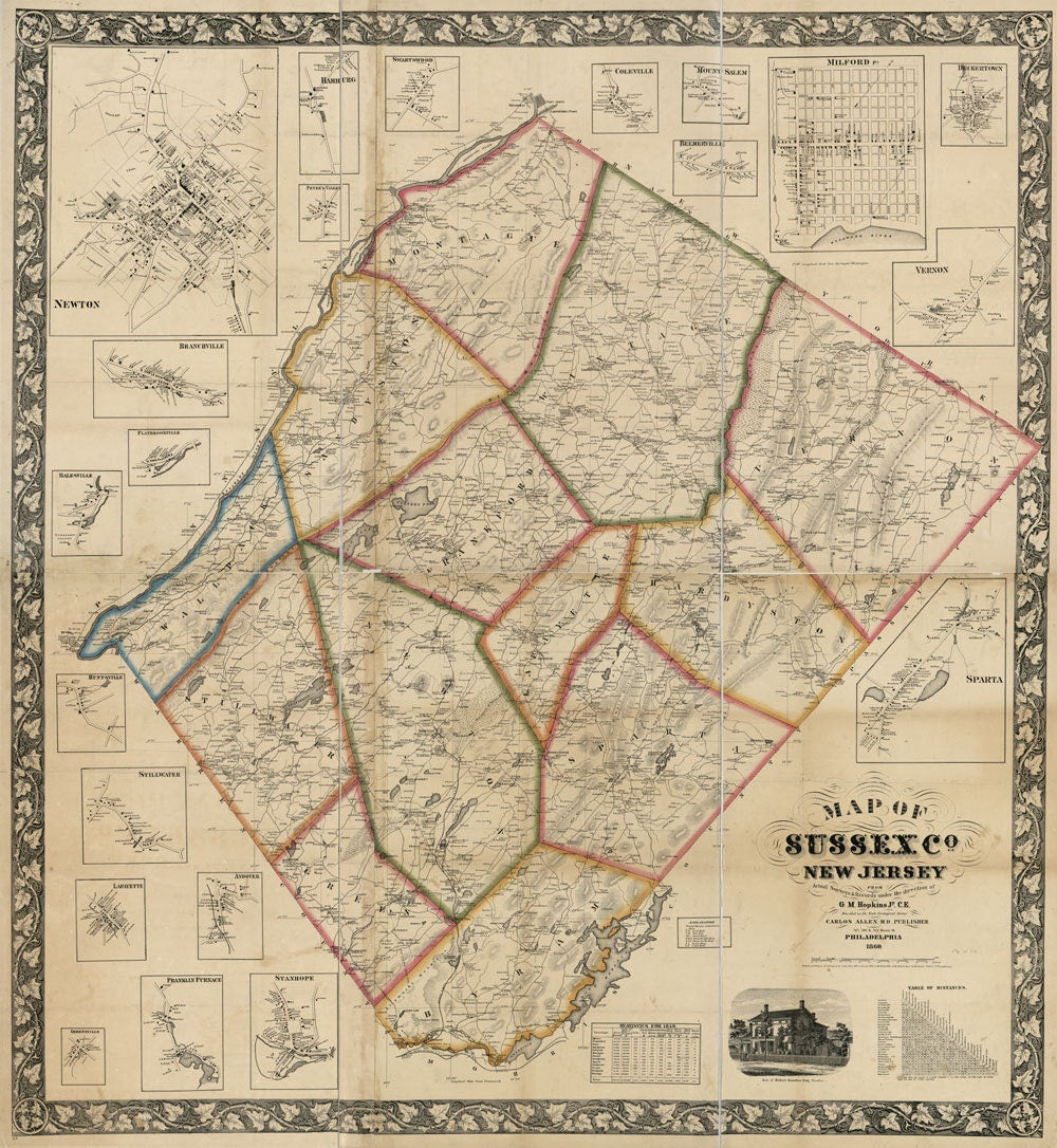 1860 Map of Sussex County New Jersey from actual surveys and records Newton
