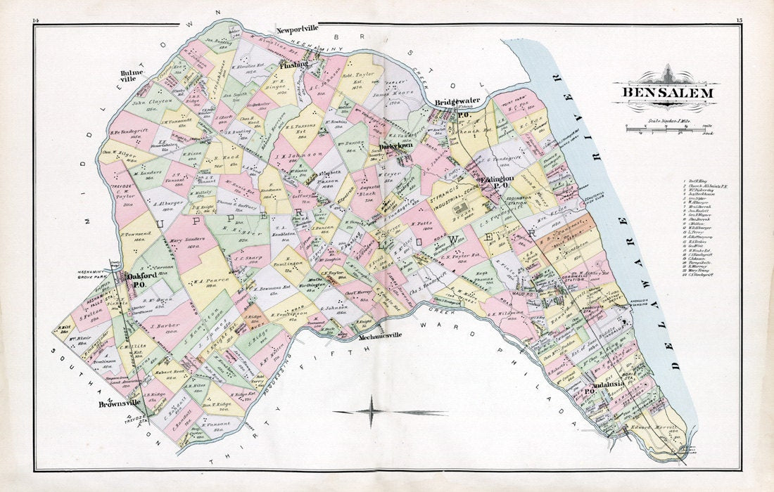 1891 Map of Bensalem Township Bucks County Pennsylvania